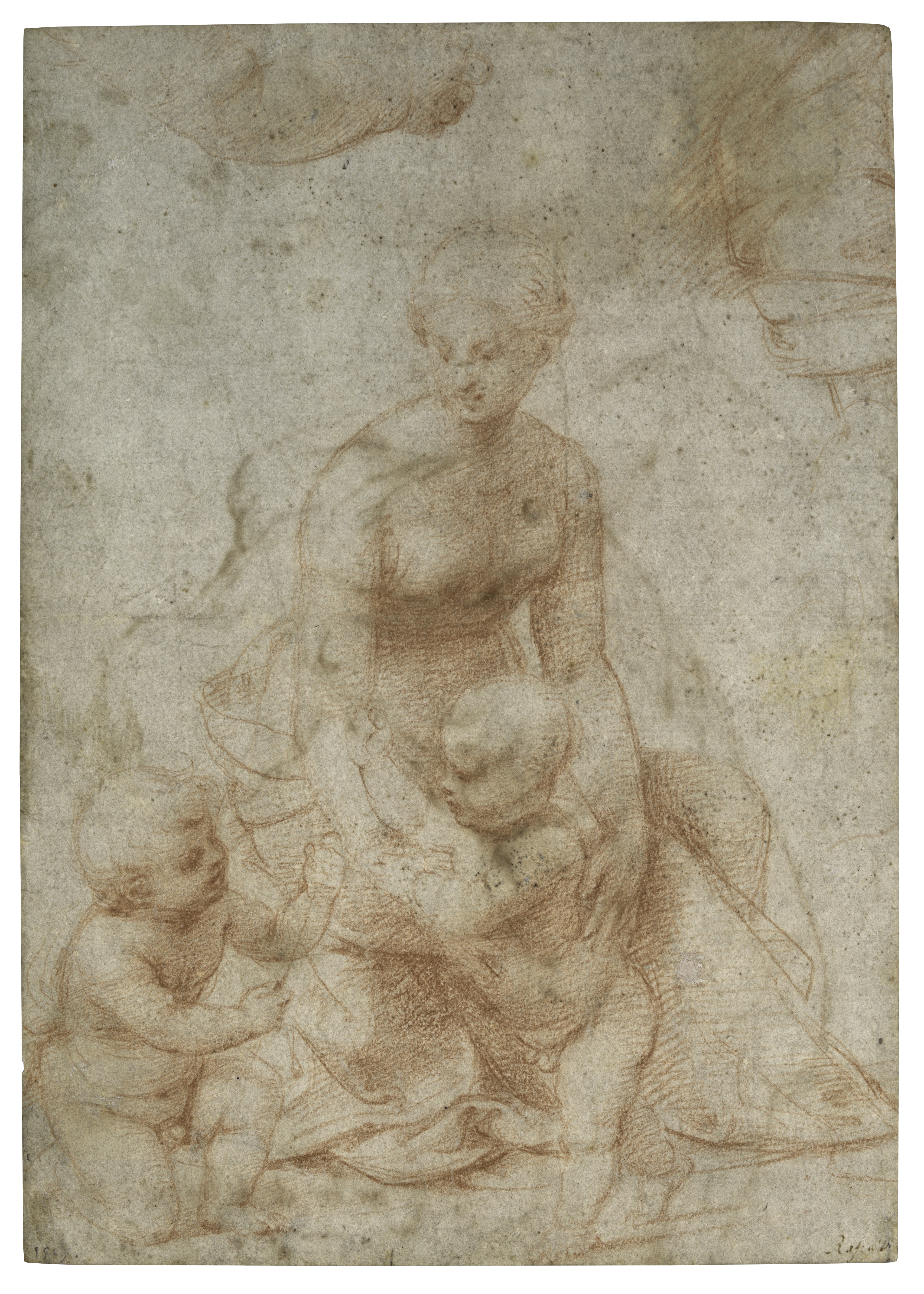 Madonna and Child with the Infant Saint John the Baptist; upper left, Study for the Right Arm of the Infant Saint John; upper right, Study for Drapery (recto); Study of a Nude Male Figure (verso)